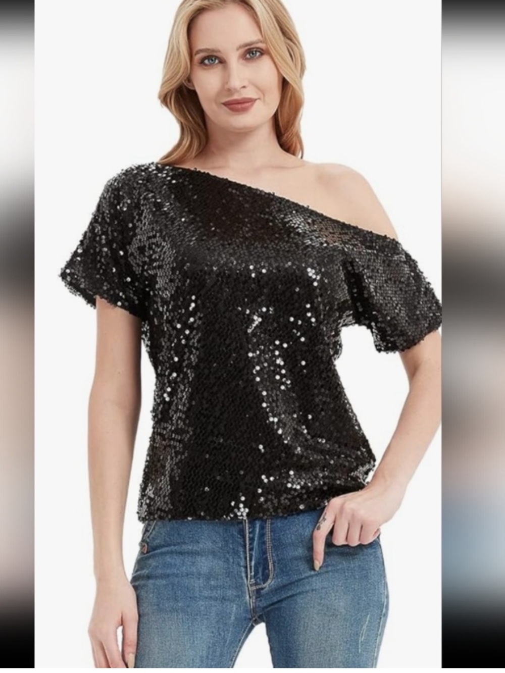 Anna-Kaci Brand Women's size 2XL Black Sequin Off Shoulder Top